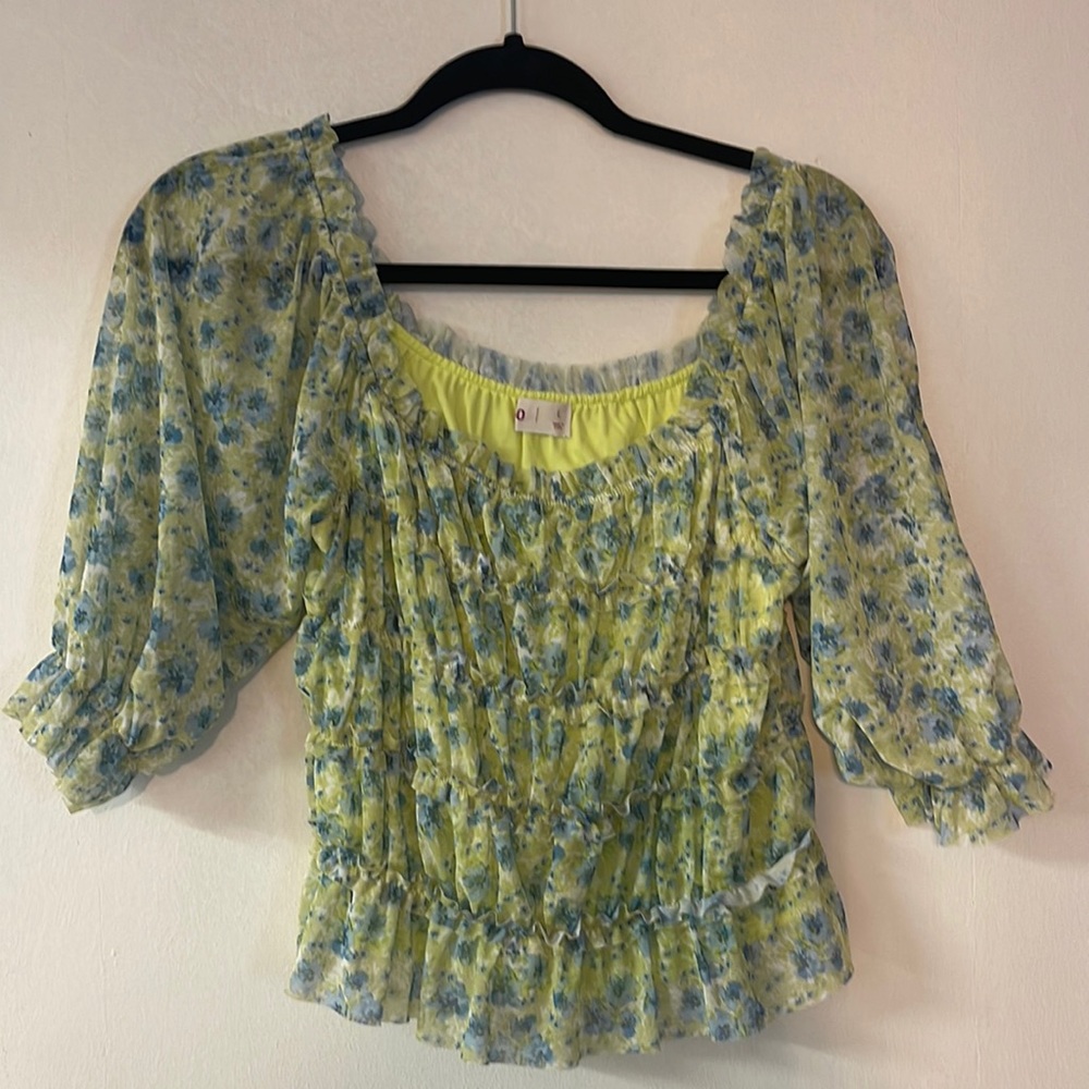 Woman’s Double Layered Ruffled Blouse with Sheer Sleeves - Size M